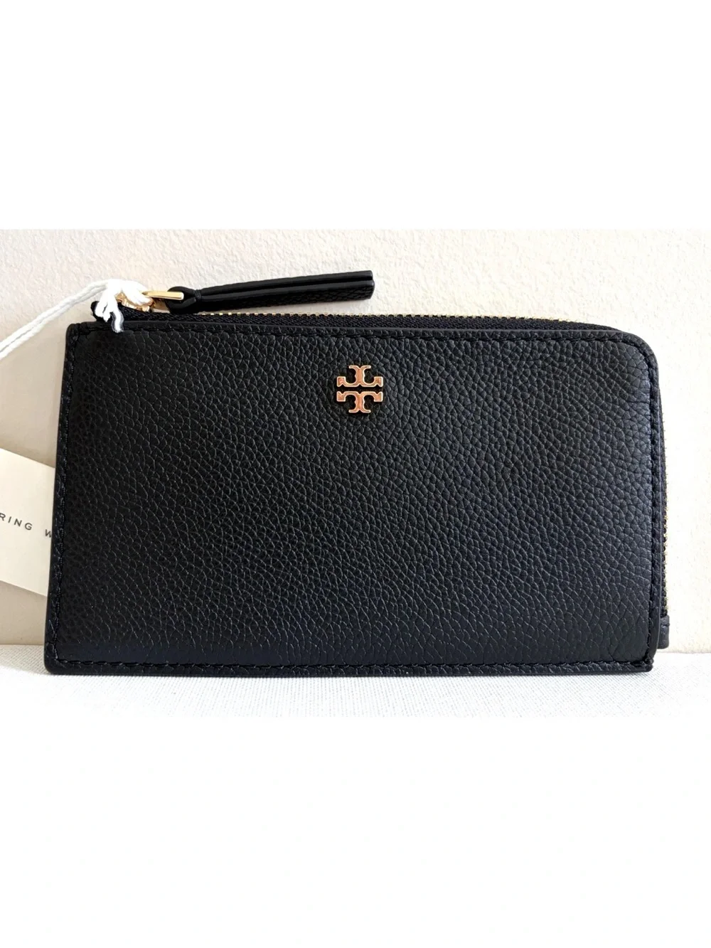 New Tory Burch Blake Zip Card Case Wallet Pebble Leather Black